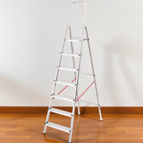 Festőlétra, StrendPro D7, 7 fokos, alumínium, 140 cm, ezüst, összecsukható, csúszásmentes kivitel