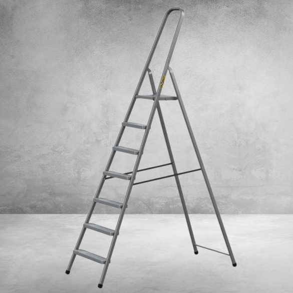 Festőlétra, Strend Pro ST-D7, 7 fokos, acél, 146 cm, szürke, összecsukható stabil kivitel