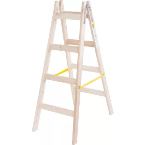 Kétrészes létra, Strend Pro, 2 x 4 fokos, fa, 130 cm, 150 kg teherbírás, kétoldalas kivitel, vödörtartó kampóval, horganyzott fém részek