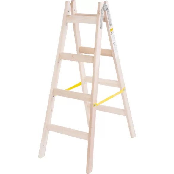 Kétrészes létra, Strend Pro, 2 x 4 fokos, fa, 130 cm, 150 kg teherbírás, kétoldalas kivitel, vödörtartó kampóval, horganyzott fém részek