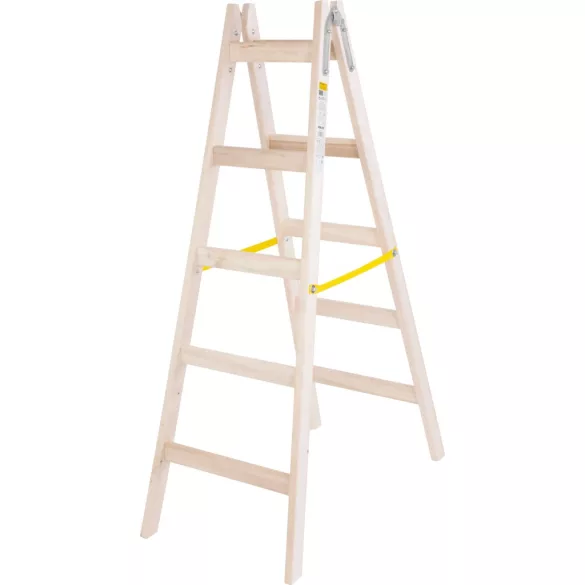 Kétrészes létra, Strend Pro, 2 x 5 fokos, fa, 160 cm, 150 kg teherbírás, kétoldalas kivitel, vödörtartó kampóval, horganyzott fém részek