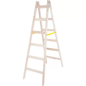 Kétrészes létra, Strend Pro, 2 x 6 fokos, fa, 190 cm, 150 kg teherbírás, kétoldalas kivitel, vödörtartó kampóval, horganyzott fém részek