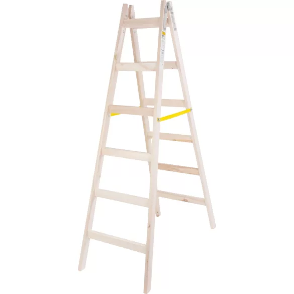 Kétrészes létra, Strend Pro, 2 x 6 fokos, fa, 190 cm, 150 kg teherbírás, kétoldalas kivitel, vödörtartó kampóval, horganyzott fém részek