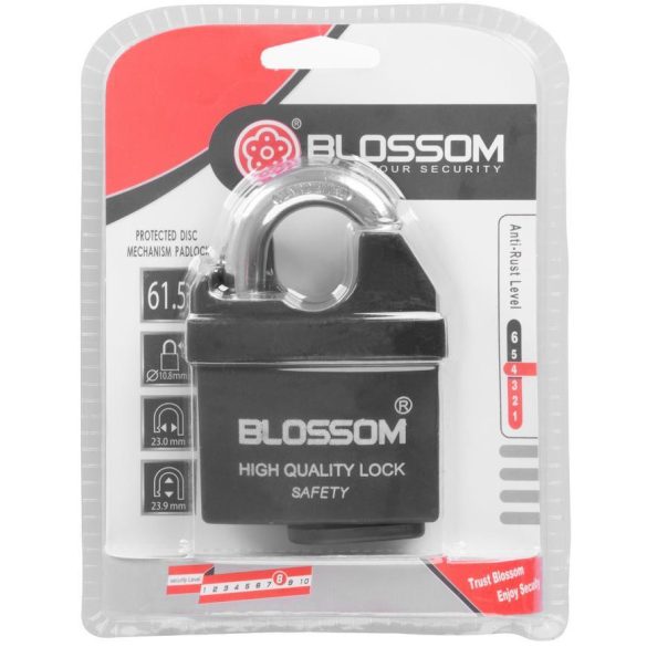 Lakat, Blossom LS0506, 60 mm, fekete, biztonsági, függőzár kivitel, 3 db kulccsal, kapukhoz, ajtókhoz és szekrényekhez