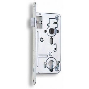 Bevésőzár, Hobes 24026 J/B 90 mm, horganyzott kivitel, cilinderes, jobbos/balos, furatköz 9 cm, horonyköz 8 cm, dupla retesz fogaskerékkel