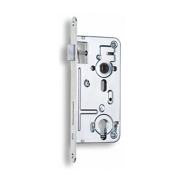 Bevésőzár, Hobes 24026 J/B 90 mm, horganyzott kivitel, cilinderes, jobbos/balos, furatköz 9 cm, horonyköz 8 cm, dupla retesz fogaskerékkel