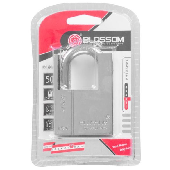 Lakat, Blossom LS0350, 50 mm, ezüst, magas biztonságú zárszerkezet, függőzár kivitel, kapukhoz, ajtókhoz és szekrényekhez