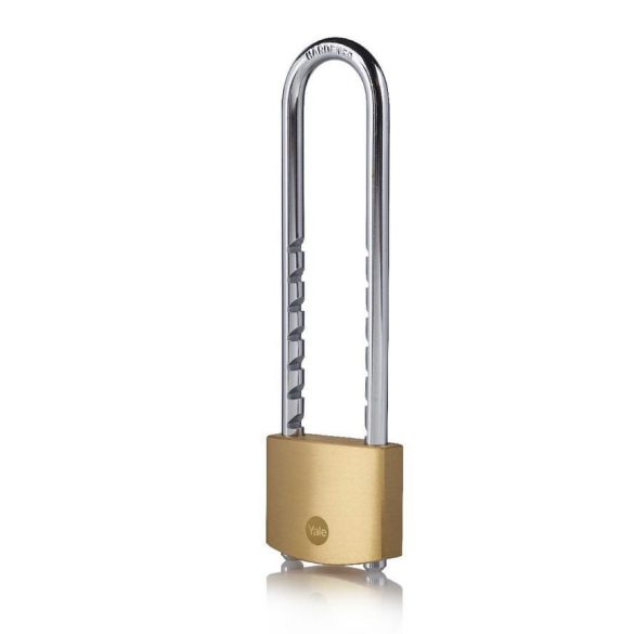 Lakat, Yale Y110B/50/155/1, 50 mm, sárgaréz, hosszú kengyelű, 2 azonos zárszerkezet, edzett, korrózióálló, 3 db kulccsal