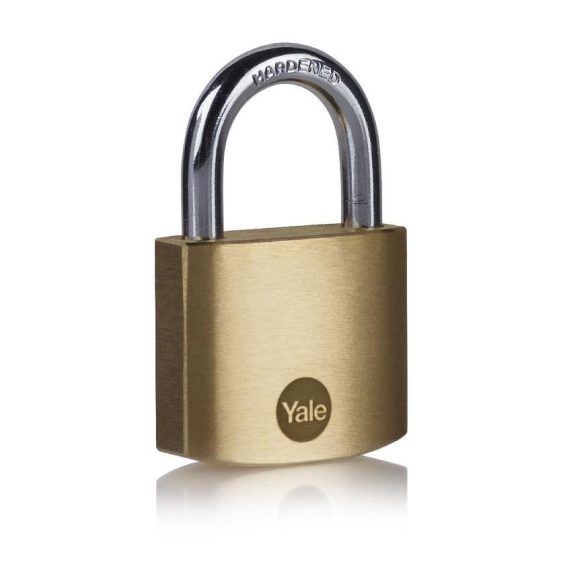 Lakat, Yale Y110B/40/122/2, 40 mm, sárgaréz, függőzár kivitel, edzett, 2 db, 2 azonos zárszerkezet, 3 db kulccsal