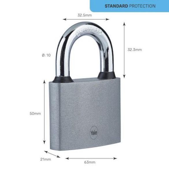 Lakat, Yale Y111S/60/132/1, 63 mm, ezüst, edzett kengyel, tartós, alap biztonsági szint, 3 db kulccsal