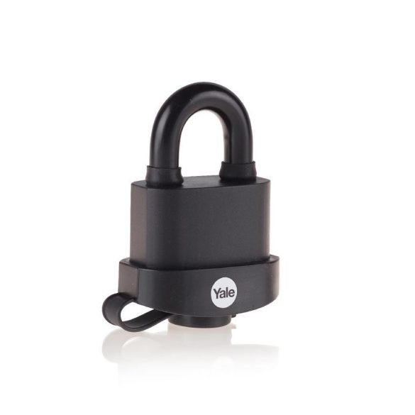 Lakat, Yale Y220B/51/118/1, 53 mm, fekete, laminált acél, magas biztonságú, időjárásálló, dupla reteszelés, 3 db kulcs