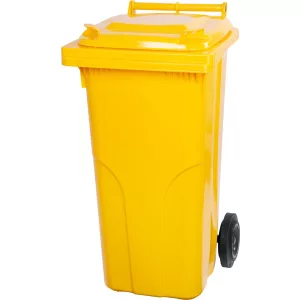 Műanyag hulladéktároló, szelektív kültéri kuka, Extra erős, UV-álló, kerékkel, nyitható tetővel - 120 l sárga