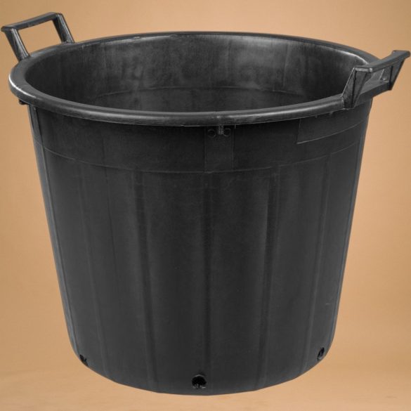 Műanyag virágcserép, Ics P134075, fekete, átmérő: 75 cm, magasság: 52 cm, perforált alj, 155 l, kerek, 2 fogantyúval