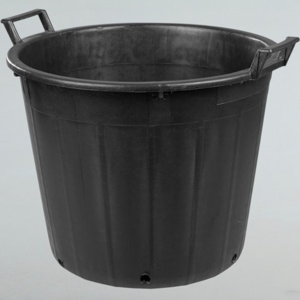 Műanyag virágcserép, Ics P134075, fekete, átmérő: 75 cm, magasság: 52 cm, perforált alj, 155 l, kerek, 2 fogantyúval