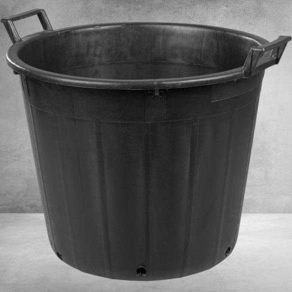 Műanyag virágcserép, Ics P134075, fekete, átmérő: 75 cm, magasság: 52 cm, perforált alj, 155 l, kerek, 2 fogantyúval