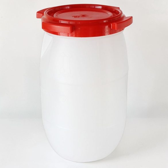 Élelmiszeripari hordó, Strend Pro Garden Pannon Fermet, fehér/piros, 30 l, nyílás átmérő: 25 cm, menetes fedél, HDPE műanyag