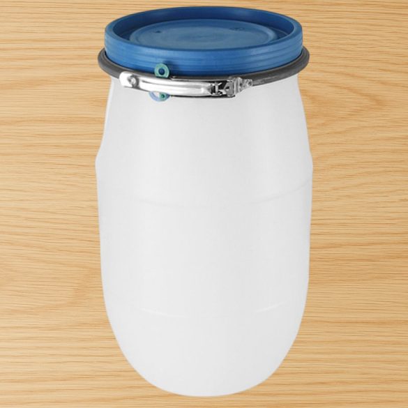 Élelmiszeripari hordó, Strend Pro Garden Pannon Fermet, fehér/kék, 60 l, nyílás átmérő: 32,5 cm, abroncsos fedél, HDPE műanyag