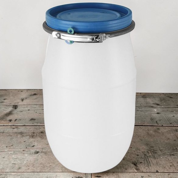 Élelmiszeripari hordó, Strend Pro Garden Pannon Fermet, fehér/kék, 60 l, nyílás átmérő: 32,5 cm, abroncsos fedél, HDPE műanyag