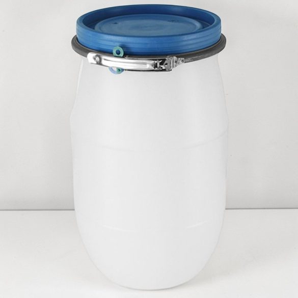 Élelmiszeripari hordó, Strend Pro Garden Pannon Fermet, fehér/kék, 60 l, nyílás átmérő: 32,5 cm, abroncsos fedél, HDPE műanyag