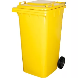 Műanyag hulladéktároló, szelektív kültéri kuka, ICS GB4, sárga, extra erős, UV-álló, kerékkel, nyitható tetővel - 240 l