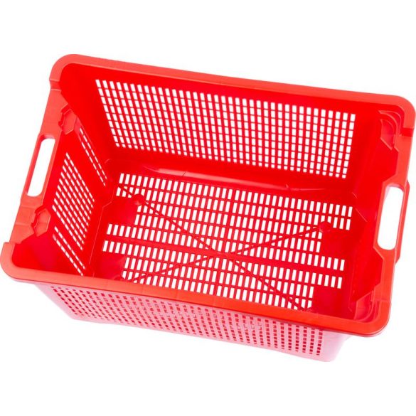 Gyümölcstartó láda, Ics M402000, piros, 40 literes, 56 × 35 × 31 cm, perforált falú, műanyag, egymásra rakható