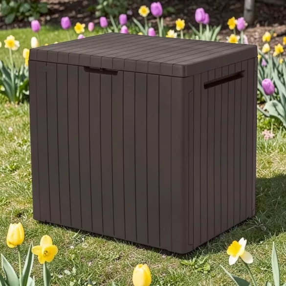 Kerti tárolóláda, Keter City, barna, 57,8 x 44 x 54,8 cm, 113 l, időjárásálló, műanyag, lakatolható, ülőhelyként is használható, teherbírás: 100 kg