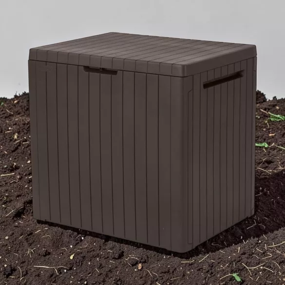 Kerti tárolóláda, Keter City, barna, 57,8 x 44 x 54,8 cm, 113 l, időjárásálló, műanyag, lakatolható, ülőhelyként is használható, teherbírás: 100 kg