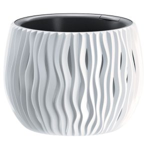 Műanyag virágcserép, Prosperplast Sandy Bowl 240, fehér, átmérő: 23,8 cm, magasság: 16,1 cm, betéttel, 2,3 l, hullámmintás, kerek