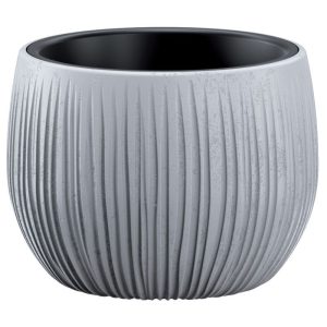 Műanyag virágcserép, Prosperplast Beton Bowl, szürke, átmérő: 18 cm, magasság: 14 cm, bordázott, betonhatású, kerek