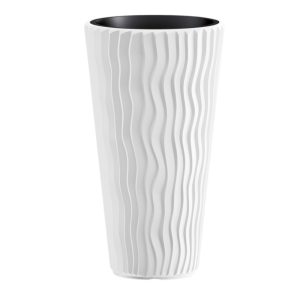 Műanyag virágcserép, Prosperplast Sand Slim 400, fehér, átmérő: 39 cm, magasság: 75 cm, betéttel, 18 / 45 l, függőleges hullámmintás, kerek