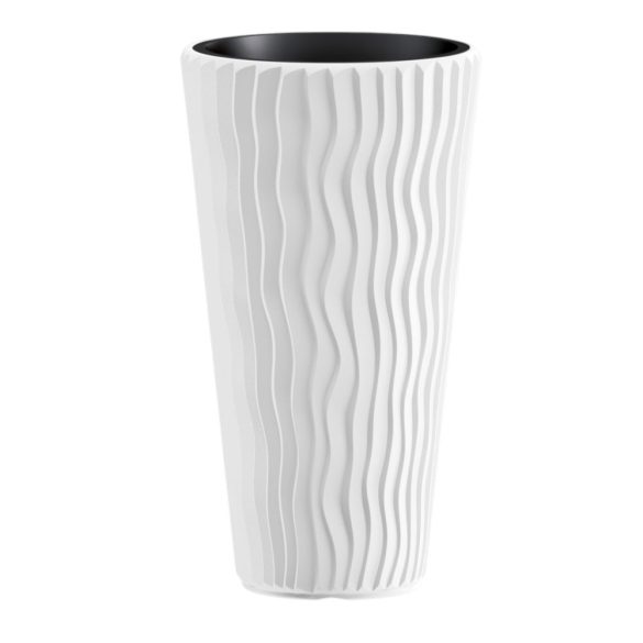 Műanyag virágcserép, Prosperplast Sand Slim 400, fehér, átmérő: 39 cm, magasság: 75 cm, betéttel, 18 / 45 l, függőleges hullámmintás, kerek