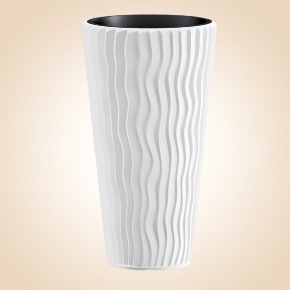 Műanyag virágcserép, Prosperplast Sand Slim 400, fehér, átmérő: 39 cm, magasság: 75 cm, betéttel, 18 / 45 l, függőleges hullámmintás, kerek