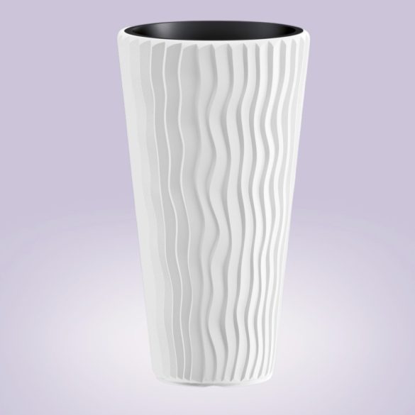 Műanyag virágcserép, Prosperplast Sand Slim 400, fehér, átmérő: 39 cm, magasság: 75 cm, betéttel, 18 / 45 l, függőleges hullámmintás, kerek