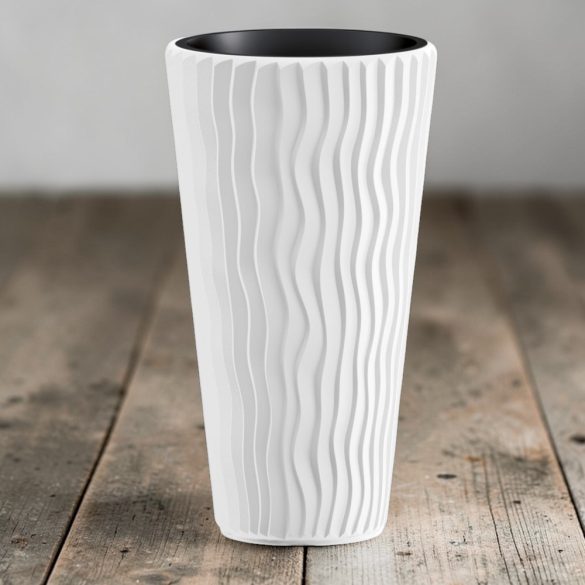 Műanyag virágcserép, Prosperplast Sand Slim 400, fehér, átmérő: 39 cm, magasság: 75 cm, betéttel, 18 / 45 l, függőleges hullámmintás, kerek