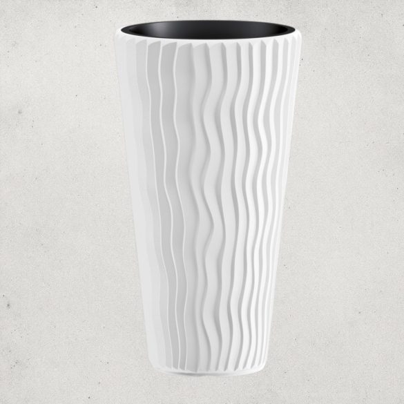 Műanyag virágcserép, Prosperplast Sand Slim 400, fehér, átmérő: 39 cm, magasság: 75 cm, betéttel, 18 / 45 l, függőleges hullámmintás, kerek