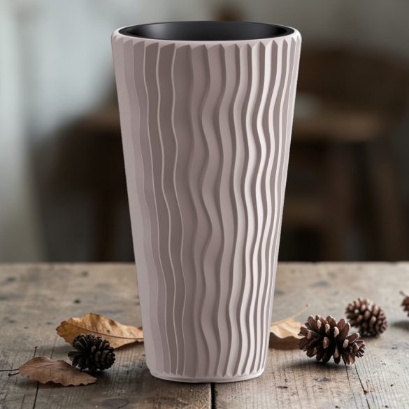 Műanyag virágcserép, Prosperplast Sandy Slim 400, mokka, átmérő: 39 cm, betéttel, 15 / 54 l, hullámmintás, kerek