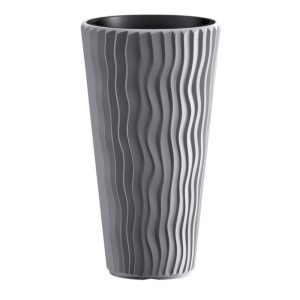 Műanyag virágcserép, Prosperplast Sandy Slim 400, szürke, átmérő: 39 cm, betéttel, 15 / 54 l, hullámmintás, kerek