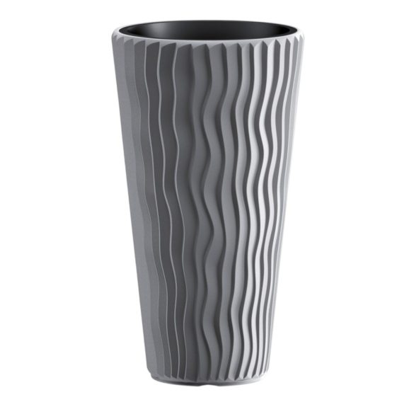Műanyag virágcserép, Prosperplast Sandy Slim 400, szürke, átmérő: 39 cm, betéttel, 15 / 54 l, hullámmintás, kerek