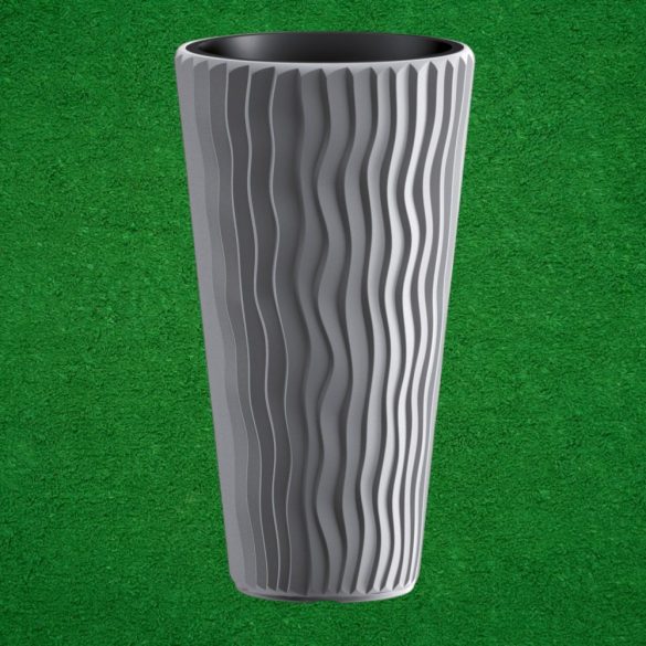 Műanyag virágcserép, Prosperplast Sandy Slim 400, szürke, átmérő: 39 cm, betéttel, 15 / 54 l, hullámmintás, kerek