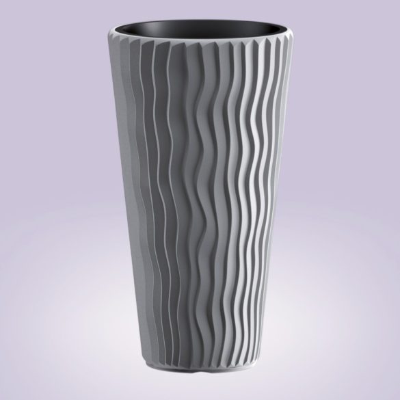 Műanyag virágcserép, Prosperplast Sandy Slim 400, szürke, átmérő: 39 cm, betéttel, 15 / 54 l, hullámmintás, kerek