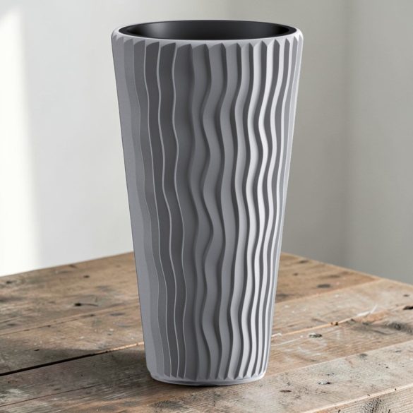 Műanyag virágcserép, Prosperplast Sandy Slim 400, szürke, átmérő: 39 cm, betéttel, 15 / 54 l, hullámmintás, kerek