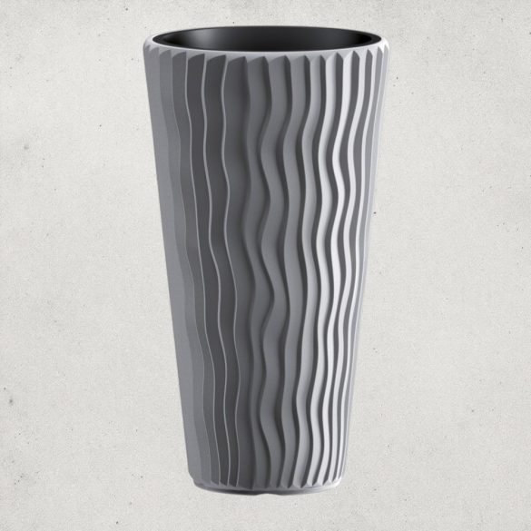 Műanyag virágcserép, Prosperplast Sandy Slim 400, szürke, átmérő: 39 cm, betéttel, 15 / 54 l, hullámmintás, kerek