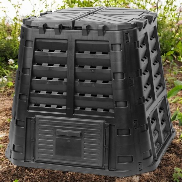 Komposztáló, Qbrick Patrol Eco Multi, fekete, 480 l, 93,3 x 93,3 x 80 cm, fedeles, alsóürítőajtóval, egyszerű össszeszerelés