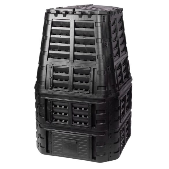 Komposztáló, Qbrick Patrol Eco Multi, fekete, 1000 l, 93,3 x 93,3 x 146 cm, fedeles, alsó ürítőajtóval, egyszerű össszeszerelés