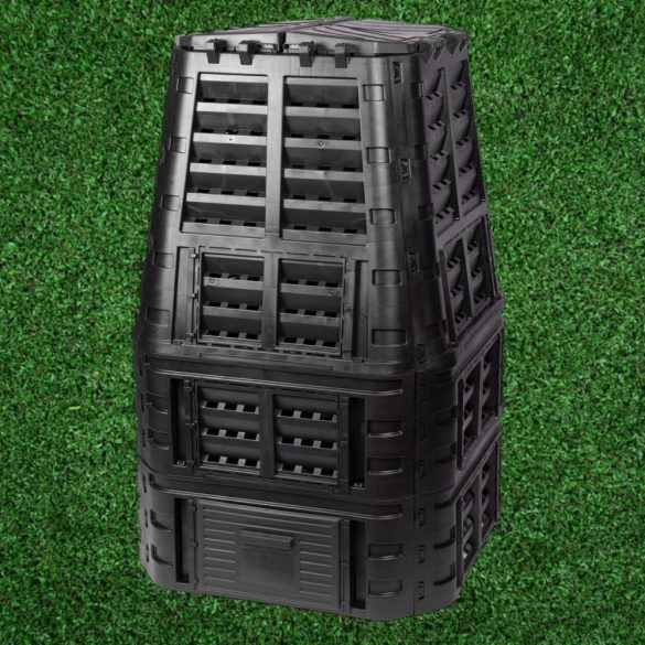 Komposztáló, Qbrick Patrol Eco Multi, fekete, 1000 l, 93,3 x 93,3 x 146 cm, fedeles, alsó ürítőajtóval, egyszerű össszeszerelés