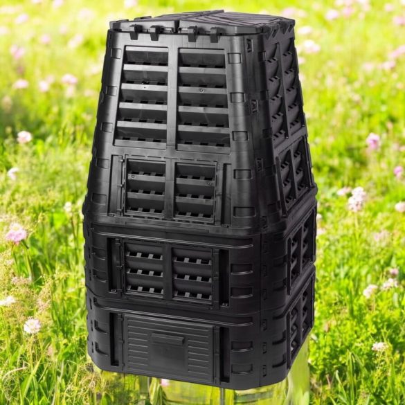Komposztáló, Qbrick Patrol Eco Multi, fekete, 1000 l, 93,3 x 93,3 x 146 cm, fedeles, alsó ürítőajtóval, egyszerű össszeszerelés