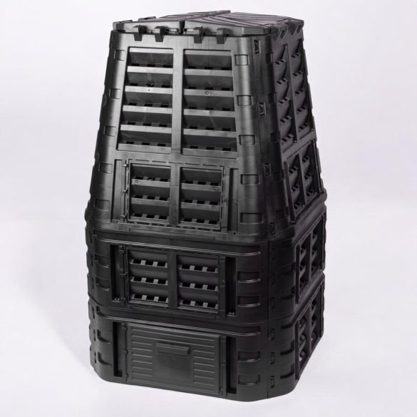 Komposztáló, Qbrick Patrol Eco Multi, fekete, 1000 l, 93,3 x 93,3 x 146 cm, fedeles, alsó ürítőajtóval, egyszerű össszeszerelés