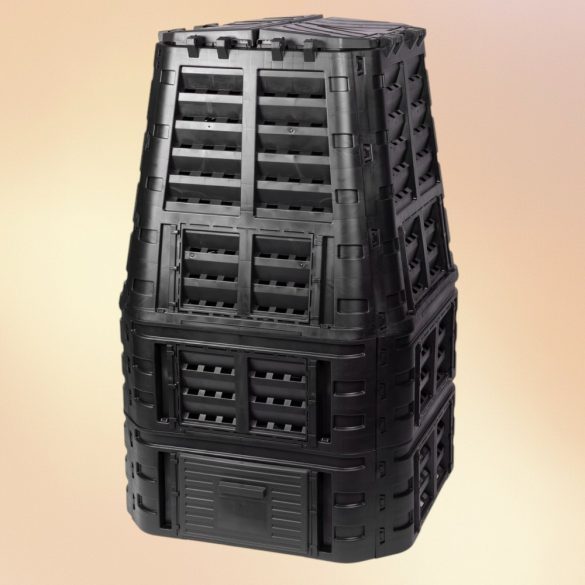 Komposztáló, Qbrick Patrol Eco Multi, fekete, 1000 l, 93,3 x 93,3 x 146 cm, fedeles, alsó ürítőajtóval, egyszerű össszeszerelés