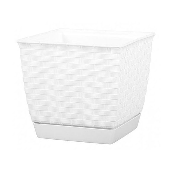 Rattan virágcserép, Prosperplast Rato Square 250, fehér, 25 x 25 cm, magasság: 22 cm, alátéttel, 8,2 l, rattan hatású, négyzetes