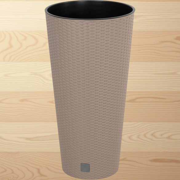 Rattan virágcserép, Prosperplast Rato Tubus 400, mokka, átmérő: 40 cm, magasság: 76,3 cm, betéttel, 35 / 64 l, rattan hatású, kerek